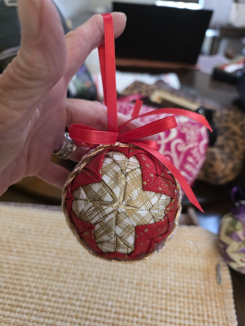 Handmade Red and Gold Fabric Holiday Ornament - Home Accents